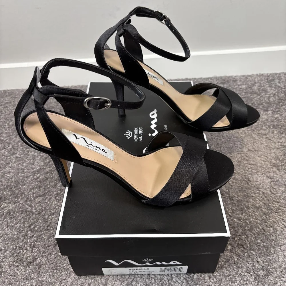 Nina Venus Women's 8 Black Satin Ankle Strap Heels / Heeled Shoes NIB - Picture 8 of 12